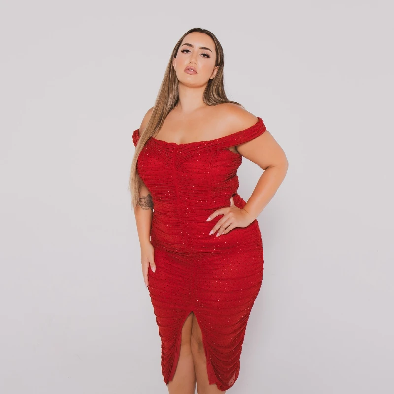 Red Off-Shoulder Midi Dress