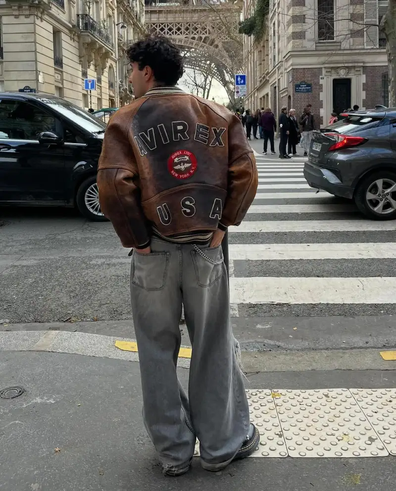 Vintage Leather Jacket with Wide-Leg Denim