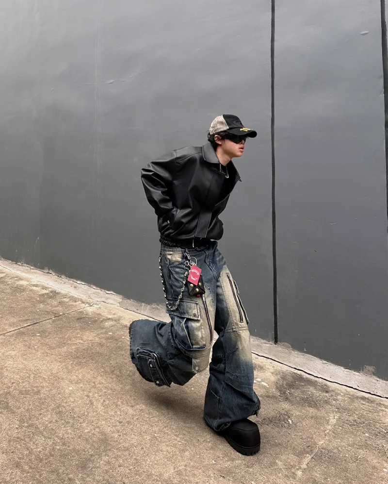 Edgy Black Leather with Distressed Cargo Jeans